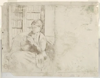 Stickning i biblioteket ago, c. 1881.