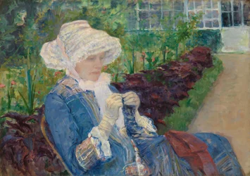 Lydia virkar i trädgården på Marly, 1880