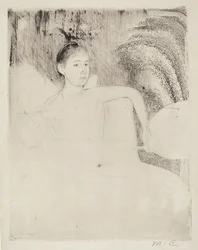 Mimi håller en japansk fläkt, ca. 1889.