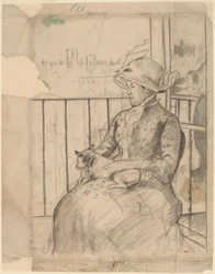 Susan på en balkong håller en hund [recto], ca. 1883.