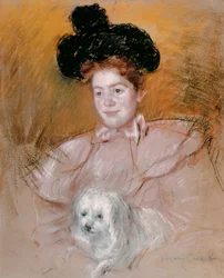 Kvinna som håller en hund (pastell på papper)