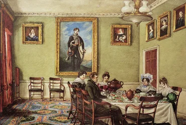 Matsal i Langton Hall, familj vid frukost, ca 1832-3