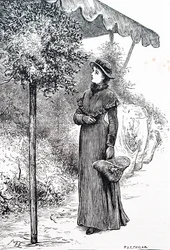 En kvinna som köper järnek för att använda till juldekorationer. Av Mary Ellen Edwards (1838-1934), en engelsk konstnär