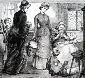 En kvinna som ger gåvor till en fattig stuga. Av Mary Ellen Edwards (1838-1934), en engelsk konstnär