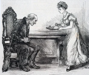 En kvinna som ger sopmaskinen en varm middag. Av Mary Ellen Edwards (1838-1934), en engelsk konstnär