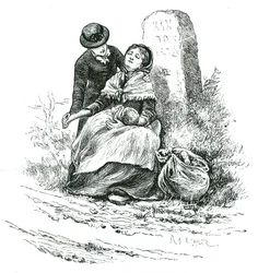 En utblottad, ogift mamma hittades utmattad på väg till Workhouse med sin baby. Scen som påminner om en Thomas Hardy-roman men en inte ovanlig på landsbygden i hela landet. Illustration av Mary Ellen Edwards c1881.