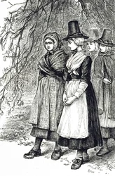 En gravyr som föreställer walesiska flickor på en Hollantide-mässa, en anställningsmässa, som väntar på att bli anställd som hemtjänst. Illustrerad av Mary Ellen Edwards (1838-1934), en engelsk konstnär och illustratör av barnböcker