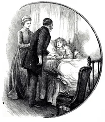 En gravyr som föreställer en läkare som besöker sin unga patient hemma. Illustrerad av Mary Ellen Edwards (1838-1934), en engelsk konstnär och produktiv illustratör av barnböcker