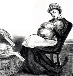 En gravyr som föreställer en mamma som vaggar sin bebis. Illustrerad Mary Ellen Edwards (1838-1934), en engelsk konstnär och produktiv illustratör av barnböcker