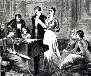 En gravyr som föreställer en musikalisk kväll. Illustrerad av Mary Ellen Edwards (1838-1934), en engelsk konstnär och illustratör av barnböcker
