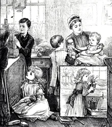 En gravyr som visar en vanlig scen av en rik viktoriansk familj. På huvudbilden övervakas barnen av sin barnskötare när de leker med tegelstenar. Insticksbilden visar en liten flicka placerar en krukväxt på en fönsterbräda. jag