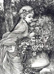 En gravyr som föreställer en ung flicka som luktar blommor inrymd i en trädgårdsurna. Illustrerad av Mary Ellen Edwards (1838-1934), en engelsk konstnär och illustratör av barnböcker