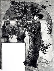 En gravyr som föreställer samlingen av järnek och vintergröna för juldekoration. Illustrerad av Mary Ellen Edwards (1838-1934), en engelsk konstnär och illustratör av barnböcker