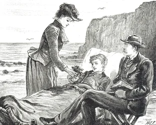 Gravyr föreställande en krympling pojke vid havet