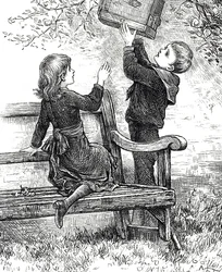 Gravyr föreställande barn med sin husdjursparv i sin bur