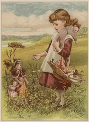 Tjej som tar sina dockor på en promenad (chromolitho)