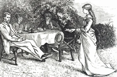 Illustration som visar en familj som tar frukost i trädgården