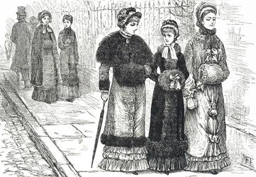 Illustration som visar unga kvinnor med muffar, för att hålla händerna varma under det kallare vädret