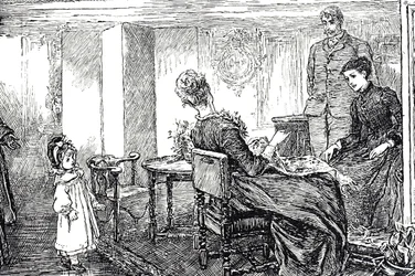 Illustration av en liten flicka som tas om hand av sina mostrar och farbror under en eftermiddag