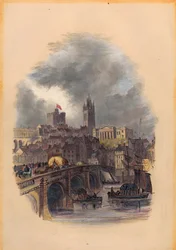 The Old Tyne Bridge, Moot Hall, St Nicholas Cathedral and Castle (bläck & wc på papper)