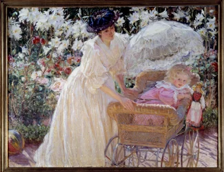 Rose och lilja En mamma och hennes lilla dotter i en barnvagn i en blomsterträdgård. Målning av Mary Mac Monnies (1858-1946) 1897 Rouen, Museum of Fine Arts