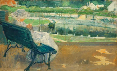 Lydia sitter på en veranda, virkar, ca 1881