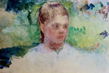 Ung flickas huvud. Grön bakgrund. Målning av Mary Cassatt (1845-1926). Akvarell.