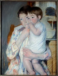 Kvinna och barn framför en tablett där en sylt och en skål placeras. Målning av Mary Cassatt (1844-1926) Ec. Am