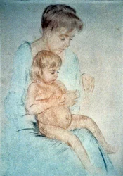 Kvinna med ett litet naket barn i knät medan hon sköter barnets fingernaglar, omkring 1904. Mary Cassatt (1844-1926), amerikansk målare och grafiker som från 1866 huvudsakligen bodde i Frankrike. Hemliv, mor, barn