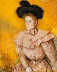 Kvinna i svart hatt och hallonrosa dräkt, ca 1899