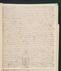 Elizabeth Gwillim vid sitt skrivbord, skiss i ett brev till Hester James, 7 februari 1802 (bläck på papper)
