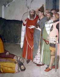 Avsnitt av nyårsafton: Påven Sankt Sylvester I (Silvester eller Silvestro) (314-335) höjer två trollkarlar (Saint Sylvester väcker två trollkarlar) Fresk av Maso di Banco (känd omkring 1341-1346) 1300-talet Florens, Chiesa di Santa Croce , Cappella Bardi