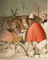 Avsnitt av livet på nyårsafton: Påven Sankt Sylvester I (Silvester eller Silvestro) (314-335) stänger drakens mun. Detalj. Fresk av Maso di Banco (känd omkring 1341-1346) 1300-talet Florens, Chiesa di Santa Croce, Cappella Bardi