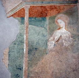 Freskomålning av Masolino da Panicale i baptisteriet i Castiglione, detalj av Bebådelsen (2)