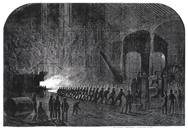 Valsning av pansarplåtar till Hennes Majestäts fartyg vid Atlas stålverk i Sheffield, illustration ur "The Illustrated London News", 14 september 1861