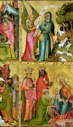 Bebådelsen till den helige Joachim och tillbedjan av männen, från Buxtehude-altarets vänstra flygel, 1400-10 (tempera på panel) (detalj av 159469)