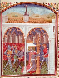 Mordet på en kung. Miniatyr hämtad ur ”Cases of noble men and women unfortunes” (De casibus) av Giovanni Boccaccio, kallad Jean Boccaccio (1313-1375), italiensk författare, översatt av Laurent de Premierfait och illuminerad av Mästaren från Dunois