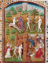 Evas födelse ur Adams sida, Adam och Eva plockar den förbjudna frukten och drivs sedan ut ur Paradiset. Miniatyr hämtad ur „Ädla mäns och kvinnors olycksöden” (De casibus) av Giovanni Boccaccio, kallad Jean Boccace (1313-1375), italiensk författare, tra
