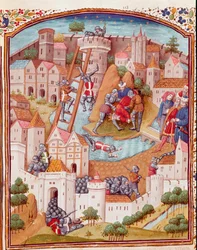 Erövring av en befäst stad Miniatyr hämtad från "" Cases of noble men and women misfortunes"" (De casibus) av Giovanni Boccaccio sa Jean Boccace (1313-1375), italiensk författare, översatt av Laurent de Premierfait och upplyst av mästaren i Dunois (15:e