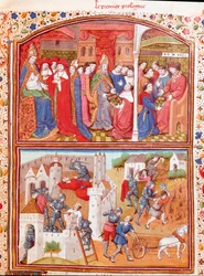 Prolog: författaren presenterar sin bok för hertigen av Berry och skådeplatsen för massakern på plöjare Miniatyr tagen från "" Cases of noble men and women unfortunes"" (De casibus) av Giovanni Boccaccio dit Jean Boccace (1313-1375), italiensk författare ,