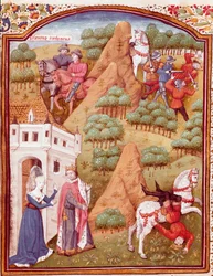 Seleukos I Nikator och hans far Antiochos, kung av Asien och Syrien. En av de två kungarna mördas, hästen faller. Miniatyr hämtad ur ”Des cas des nobles hommes et femmes infortunes” (De casibus) av Giovanni Boccaccio, kallad Jean Bo