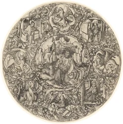 Johannes döparen i öknen med Guds lamm, omgiven av symbolerna för evangelisterna och kyrkans fyra fäder