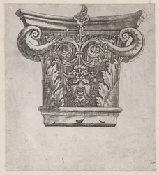 Mirror of Roman Magnificence: Kapital med peapod-rullar och satyrhuvud, ca. 1537., ca. 1537