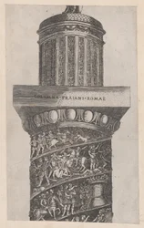Mirror of Roman Magnificence: Den övre delen av Trajanus kolumn, visar ara..., 1500-talet.