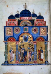 Kristi himmelsfärd. Grekiskt manuskript "Homelies to the Virgin" (Folio 3v) av Jacques de Kokkinobaphos