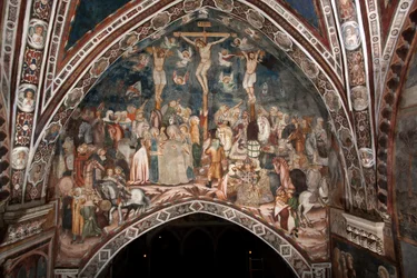 Korsfästningsfresken av mästaren på Sacro Speco. 1300-talet. Överlägsen kyrka. Klostret Saint Benedetto (Sacro Speco), Subiaco (Rom), Italien