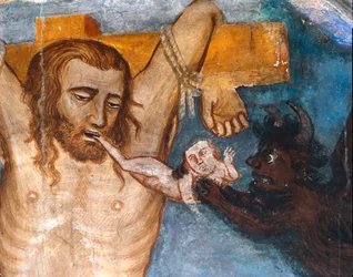 Den icke omvända tjuven, korsfäst med Jesus, hans själ slits ur hans mun av en demon. Representation av den onde tjuven kallar Gesmas eller Gestas. Fresk av Sacro Specos mästare. 1300-talet. Överlägsen kyrka. Klostret Saint Benedetto (Sacro Spec