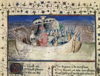 Trojanen Brutus sätter segel för Storbritannien, från The History of the Kings of Britain av Geoffrey av Monmouth (1100-54)