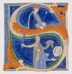 Manuskriptbelysning med halshuggning av Saint Paul i ett initialt S, från en Gradual, ca. 1278.