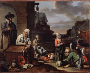 Bönder vid en brunn. Målning av mästaren av Beguines (mitten av 1600-talet). Olja på duk, 94 x 119 cm, andra hälften av 1600-talet. Fransk konst, barockkonst. Pushkin Museum of Fine Arts, Moskva. ©FineArtImage/Leemage